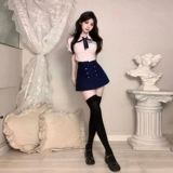 川田晴子 Студенческая юбка в складку, комплект, корсет, рубашка, рукава фонарики, высокая талия