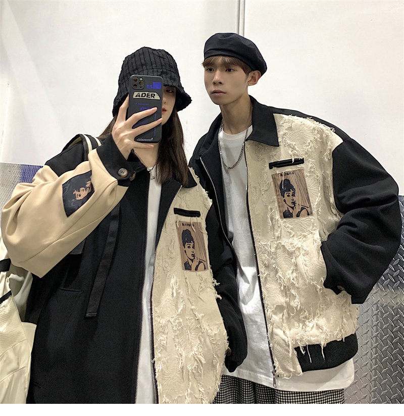 Patchwork baseball jacket jacket for men on Instagram, loose and versatile, high street design sense, niche and cool couple jacket Specification image