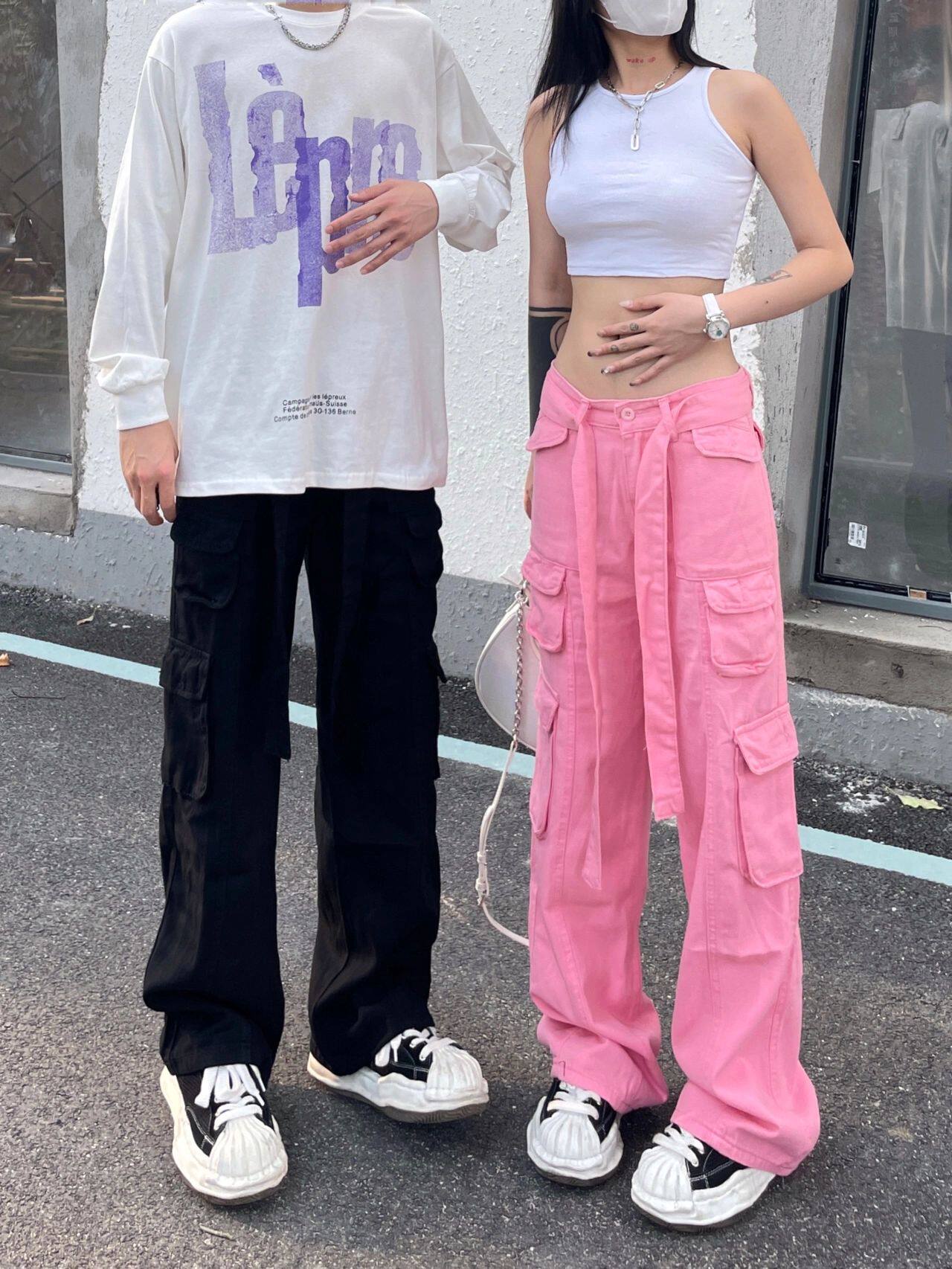 Casual workwear pants for men and women, hip-hop trend ins high street pink denim pants, high-waisted loose wide-leg couple pants