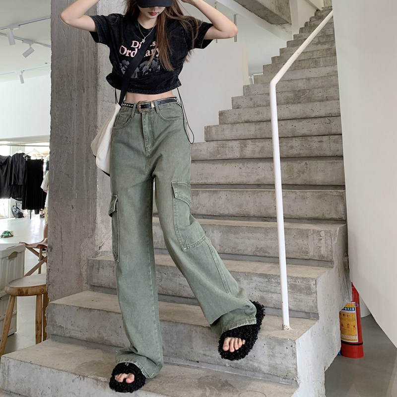 Retro denim workwear pants for women, 2022 new autumn loose, straight, high-waisted, slimming, wide-leg casual long pants
