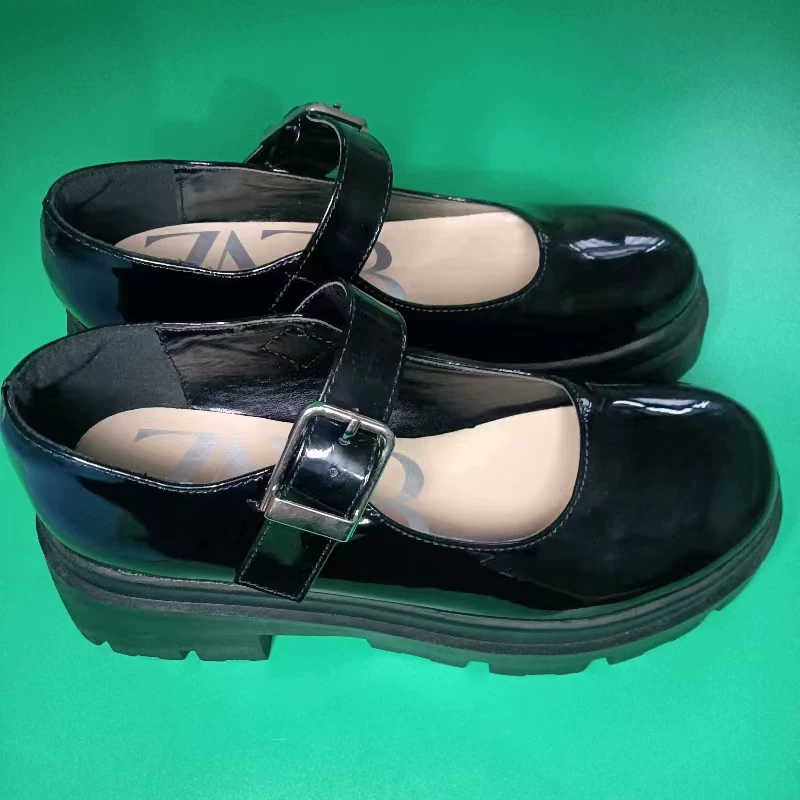 2023 ZA Family Series Black French round head thick bottom, non -slip, abrasion resistance increases rubber bottom with metal buckle