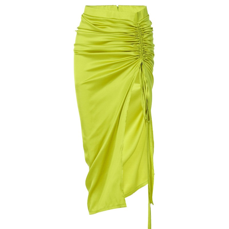 Women's drawstring pleated split slit skirt ruffled split half