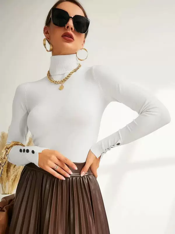 [New Winter Spring Women Button Cuff Knit Turtleneck Pullove]