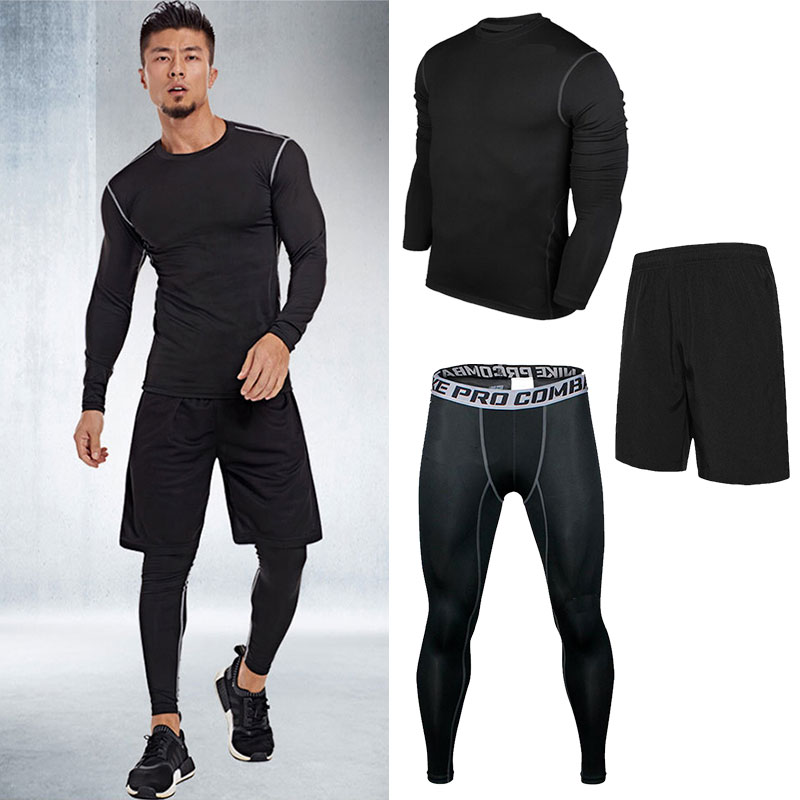 Black Long Sleeve (3-Piece Set)run motion Bodybuilding suit Five piece set Three large man Tight fitting Close fitting loose coat Short sleeve trousers shorts clothing