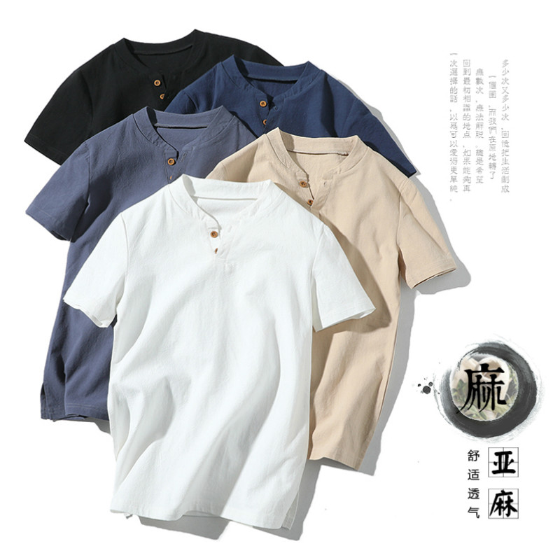 2件装夏季中国风亚麻短袖t恤套装