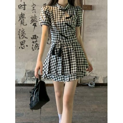 新中式スーツ女性夏の洋風チェックチャイナドレス半袖上着ハイウエストa字半身スカート2点セット