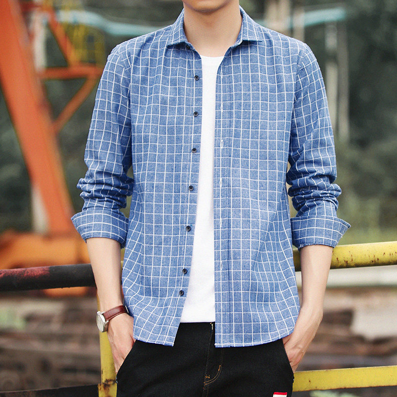 2018秋季新款修身格子休闲长袖衬衣韩版潮流男士衬衫男装百搭上衣