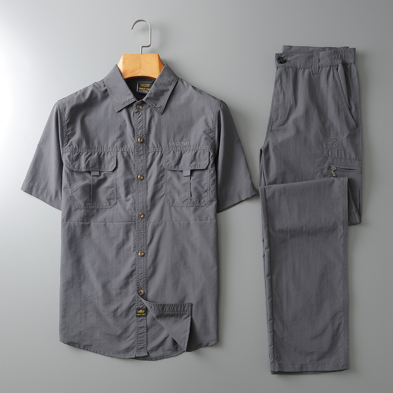 Grey Clothes + Trouserssummer outdoors Multi bag Short sleeve shirt executive officer suit ventilation shirt man leisure time Military equipment Quick drying thin