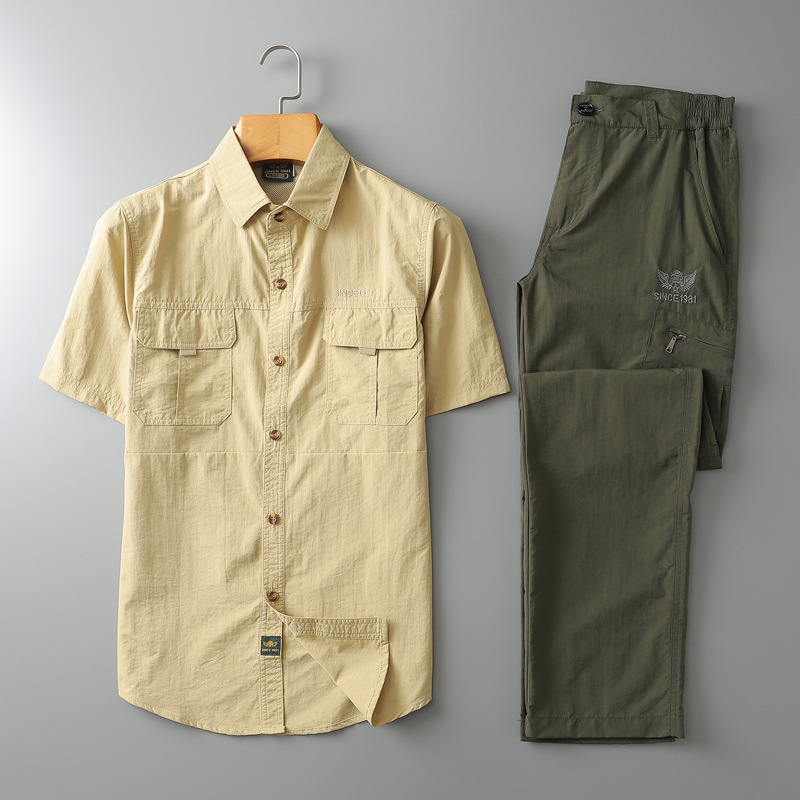 Khaki Army Green Pantssummer outdoors Multi bag Short sleeve shirt executive officer suit ventilation shirt man leisure time Military equipment Quick drying thin