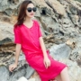 2018 bên bờ biển kỳ nghỉ du lịch ăn mặc ramie thêu váy nghệ thuật Thái retro lỏng ngắn tay một chiếc váy váy chữ a dài