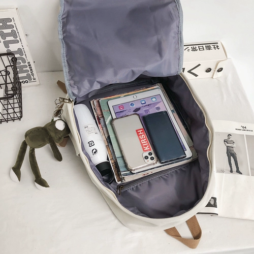 日系纯色帆布书包复古简约男女大学生旅行大容量16寸电脑双肩包