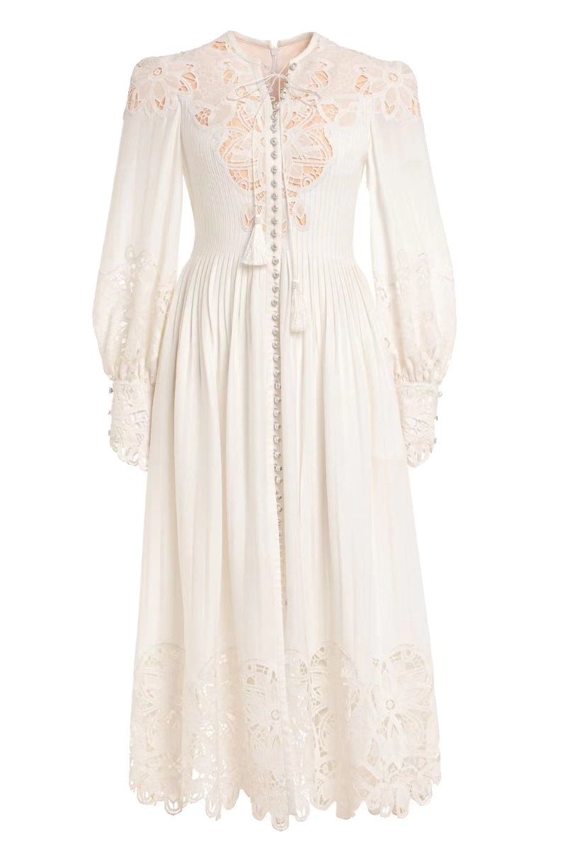 Vietnam Niche Design Lace-up Flower Embroidery Hollow Lace Dress Long Dress Lantern Sleeve Long Sleeve Single-breasted Vacation Dress