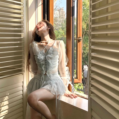 taobao agent Doggyqin Sunlight Clothing/ 2022 Spring and Summer Clear Pure Color Slender Skin Sleeping Long -sleeved Studios