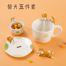 Парные кружки 茶茶向上 日本进口柴犬猫咪卡通五件套陶瓷餐具套装 杯碟盘勺礼物