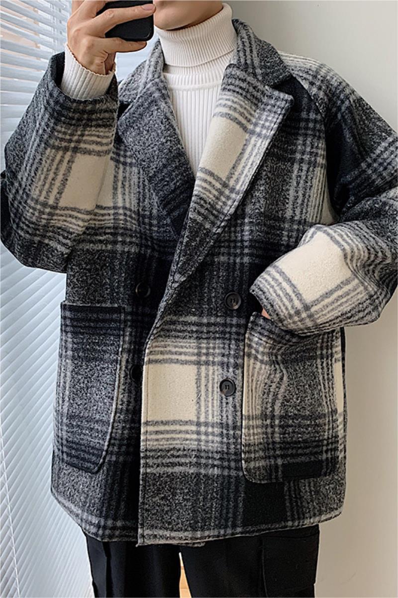 20 winter ins tide thickened plaid coat men's Korean fashion Hong Kong style retro fabric casual coat
