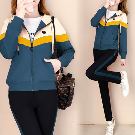 春季时尚洋气连帽拉链宽松休闲运动服套装女