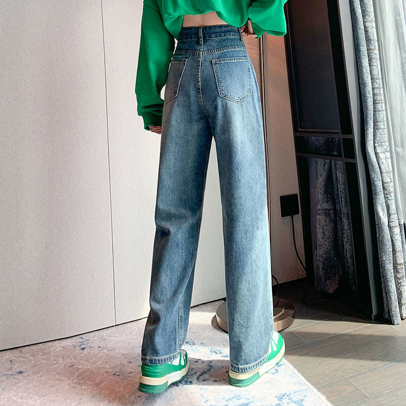 American retro solid color straight-leg jeans for women, high-waisted loose, bf versatile wide-leg casual long pants Item Picture