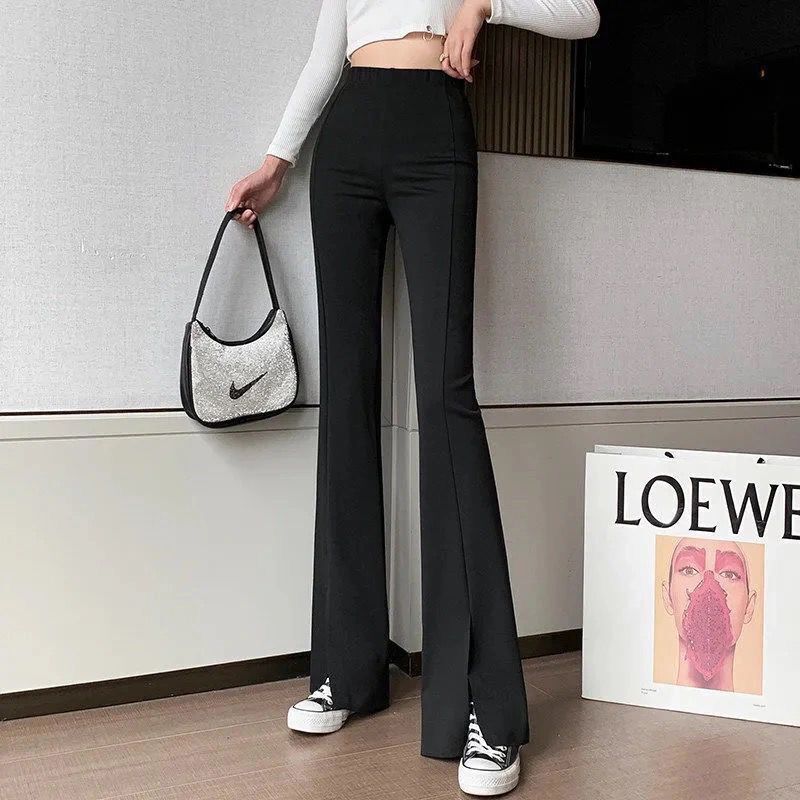 Pure Black [Split]2021 Spring and summer new pattern houndstooth  leisure time Micro horn trousers female High waist Show thin Korean version Split Wide leg pants Thin