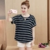 Phụ nữ mang thai áo mùa hè Hàn Quốc phiên bản của lỏng kích thước lớn từ bi thời trang vòng cổ ngắn tay bông sọc t-shirt triều ngắn mẹ