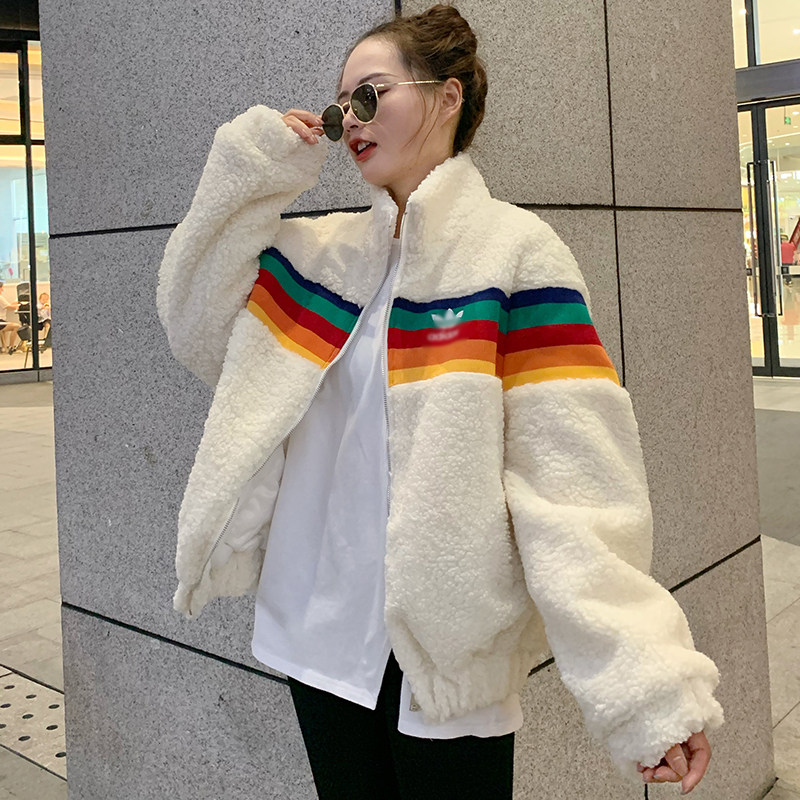 明星同款爆款羊羔毛夹棉保暖服ins冬季宽松加厚彩虹棉外套