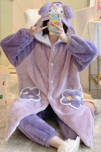 Зимняя коралловая бархатная пижама, флисовый зимний милый демисезонный банный халат, комплект, увеличенная толщина