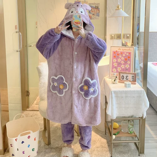 Зимняя коралловая бархатная пижама, флисовый зимний милый демисезонный банный халат, комплект, увеличенная толщина