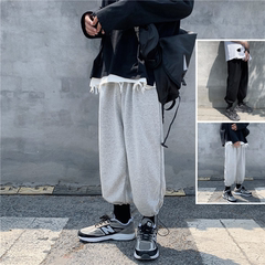 基礎款高街風寬鬆束腳衛褲純色長褲百搭抽繩休閒加絨運動九分褲子男生