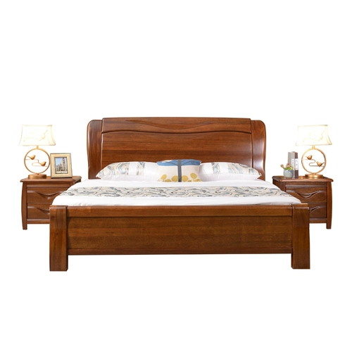 Золотой шелковый тик сплошной деревянный кровать 1,8 метра современная простая простая главная спальня большая кровать китайская кровать китайский орех двойной свадебный кровать для хранения кровати