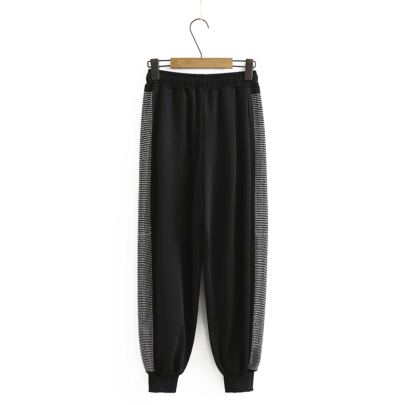 Black2020 autumn new pattern Big size ma'am Sports pants Fat mm Elastic waist Frenulum Side Hot drilling Tie one's feet Haren pants