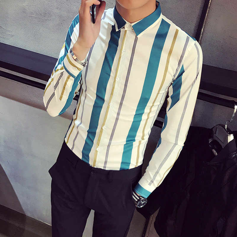 2207/店主风2019春季男士条纹衬衫长袖绿色条子衬衣发型师装p55