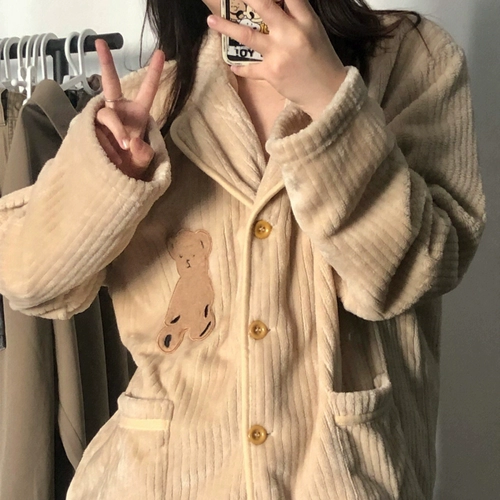 Милая коралловая бархатная зимняя пижама, утепленные штаны, зимний комплект, с медвежатами, коллекция 2022