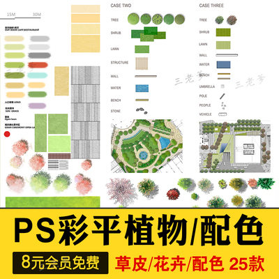 0545PS园林景观彩色平面图植物树分层草皮花卉纹理配色PSD...-1