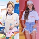 Nhà hàng Trung Quốc 2 mùa thứ hai Zhao Wei với đoạn màu đỏ và màu xanh tay áo in bất đối xứng letter in ngắn tay T-Shirt Hàn Quốc áo sơ mi nữ áo phông nữ cao cấp Áo phông