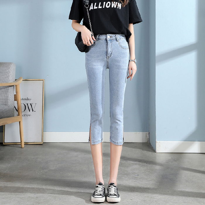 Light Blue [Capris]Straight pants female 2021 new pattern Hot money summer High waist Split Jeans Thin little chap Eight points Pipe pants