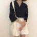 2018 mùa hè mới Hàn Quốc phong cách chic hoang dã bảy điểm tay áo áo sơ mi mỏng giản dị hải quân áo sơ mi màu xanh áo sơ mi nữ sinh viên