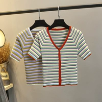 Радужная летняя футболка с коротким рукавом, трикотажный короткий кардиган, жакет, в западном стиле, V-образный вырез