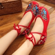Cũ Bắc Kinh giày vải gió quốc gia thêu giày phụ nữ tăng cao và thấp để giúp độ dốc với dây đai giày cưới giày khiêu vũ vuông giày của phụ nữ Giày cắt thấp