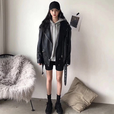 Кожаная куртка 中长款皮衣外套女春新款韩版机车bf风皮衣港风pu外套oversize夹克