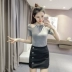 2017 mùa hè mới slim slimming khí treo cổ từ cổ áo sơ mi Hàn Quốc phiên bản của màu rắn dệt kim ngắn tay t-shirt phụ nữ