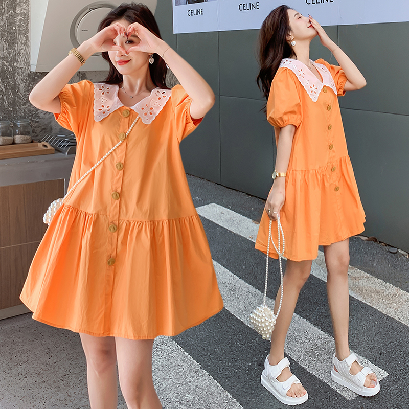 Orangesummer wear new pattern Fat mm Cover your belly Tibetan meat Lean cotton Short sleeve Dress female Korean version Big size easy Doll Collar skirt