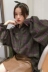 2018 phiên bản Hàn Quốc mới của ve áo phong cách Harajuku BF lỏng giản dị kẻ sọc đèn lồng tay áo len áo khoác nữ sinh viên Áo sơ mi