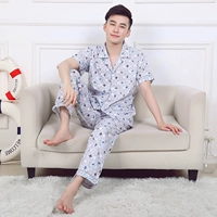 Mùa hè đồ ngủ nam cotton ngắn tay quần dịch vụ nhà hai mảnh nam dệt bông đồ ngủ set sọc lưới đồ lót nam