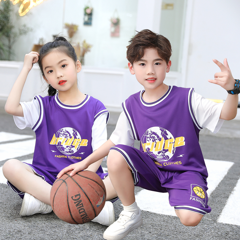 儿童夏季短袖篮球服套装男童女童假两件运动短袖宝宝休闲速干套装