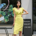 Đầm nữ mùa hè 2019 mới khí chất nữ v-cổ tay áo raglan thanh lịch eo eo váy màu vàng không đều - Cộng với kích thước quần áo áo thun nữ đẹp Cộng với kích thước quần áo