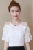 Áo sơ mi voan tay ngắn nữ hè 2018 phiên bản Hàn Quốc mới của áo ren lệch vai lưới khâu quần áo siêu cổ tích ngọt ngào - Áo sơ mi chiffon ren