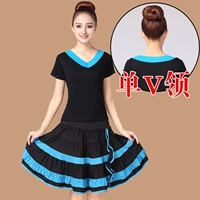 Одиночный V -neck Short -Sleeved Black Lake Top+Blue Skirt Lake