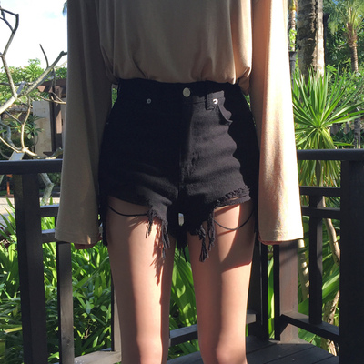 黑色牛仔短裤女夏2021新款韩国高腰显瘦宽松阔腿破洞a字毛边热裤
