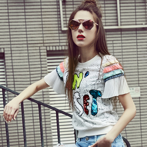Mama 绨 2018 mùa hè mới thời trang sequins vòng cổ ngắn tay áo ren sexy hollow voan T-Shirt áo sơ mi nữ
