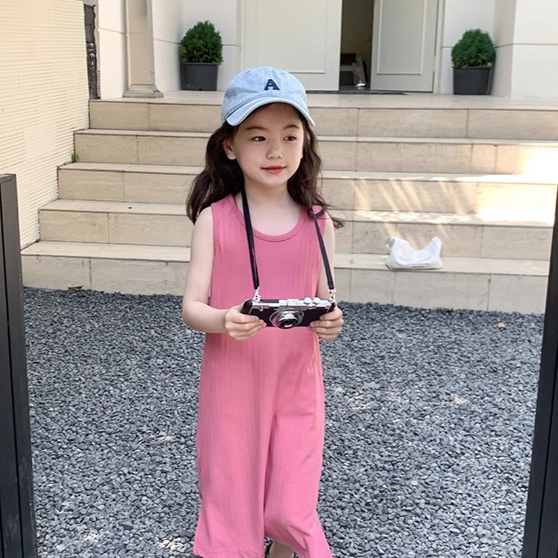 Girls' Solid Color Simple Sweet Vest Skirt Summer Korean Style Fashionable Slim-Fit Long Skirt Children's Stylish Dress