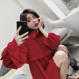 ◆ Yang Momo ◆ đầm voan Hàn Quốc phiên bản của eo cao một từ váy trumpet tay áo đỏ polo cổ áo ngắn bánh váy đầm chữ a đẹp